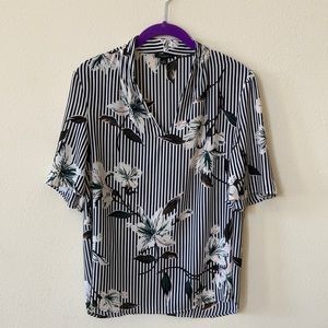 Ann Taylor Factory Striped Floral V-Neck Blouse XS